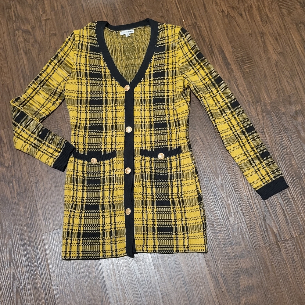 Yellow Plaid Mini Dress with Black Trim